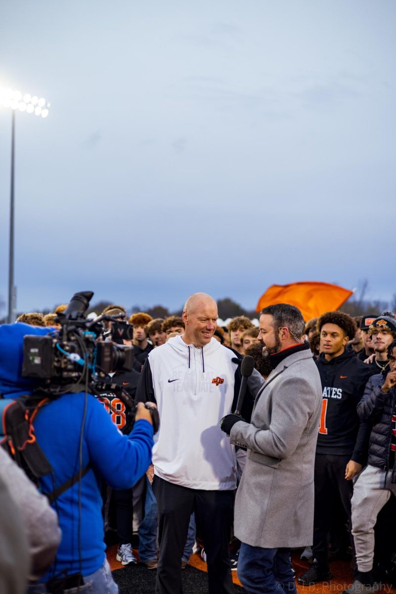 Live on the TODAY Show Head Football Coach Bill Utz is being interviewed by KSHB 41's news anchor Taylor Hemness 